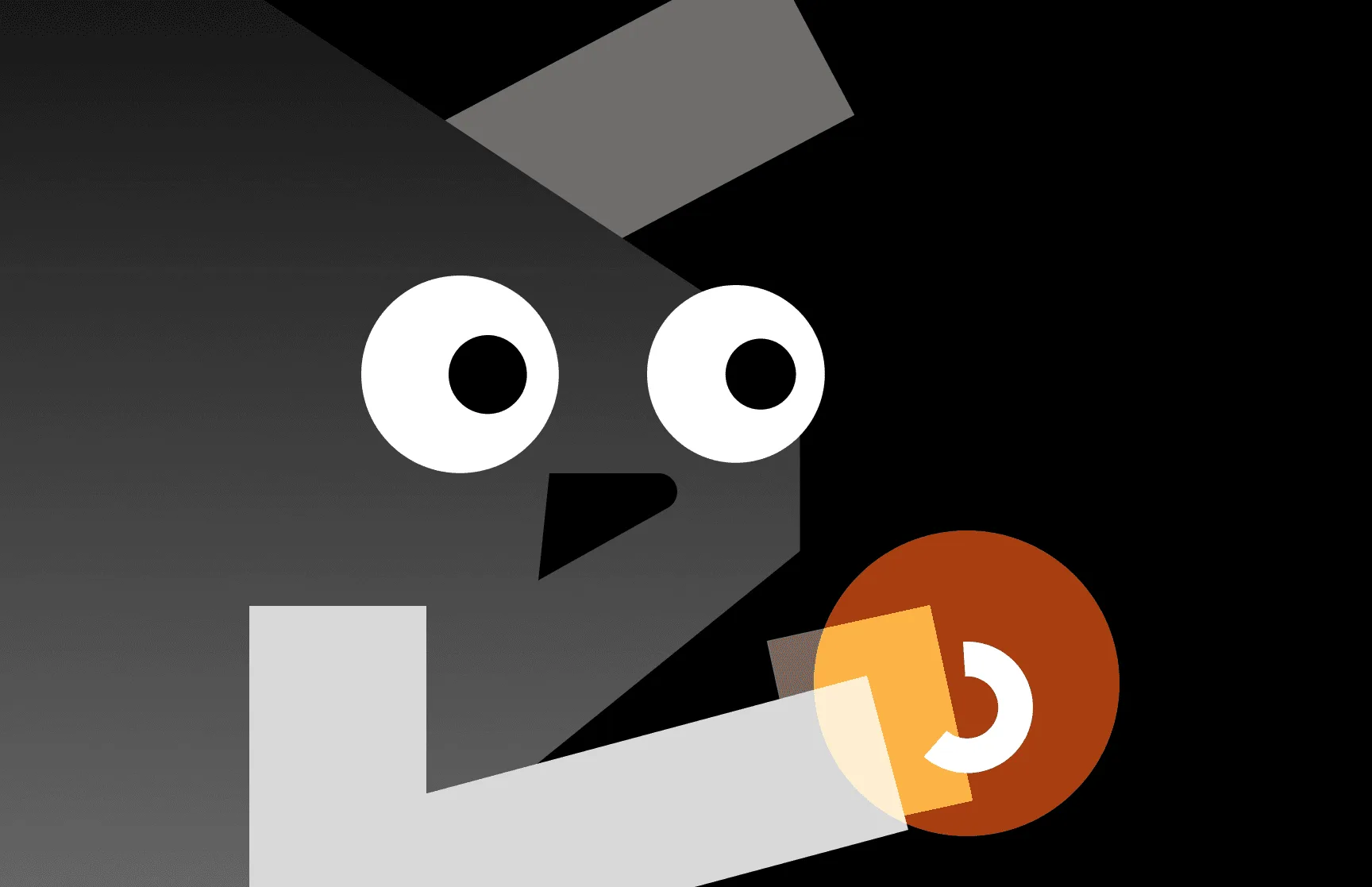 A vector illustration of a trapezium-shaped character holding a coffee cup. The coffee cup is being spotlighted by an ellipse. The character is smiling, while raising the other hand.