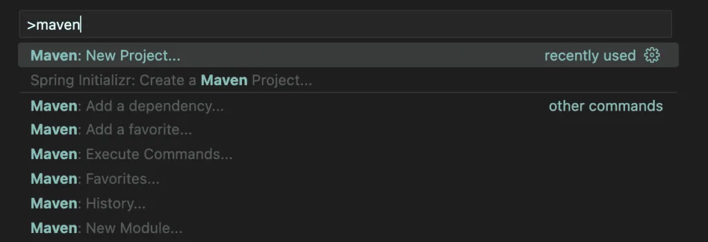 VSCode 명령어 팔레트. ">maven"이 텍스트 인풋에 적혀 있다. 다음 검색 결과가 표시된다. - Maven: New Project... - Spring Initializr: Create a Maven Project...