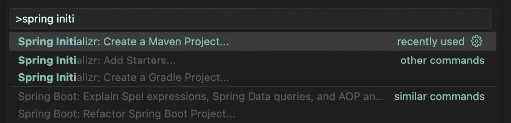 VSCode 명령어 팔레트. ">spring initi"이 텍스트 인풋에 적혀 있다. 다음 검색 결과가 표시된다. - Spring Initializr: Create a Maven Project... - Spring Initializr: Add Starters... - Spring Initializr: Create a Gradle Project...