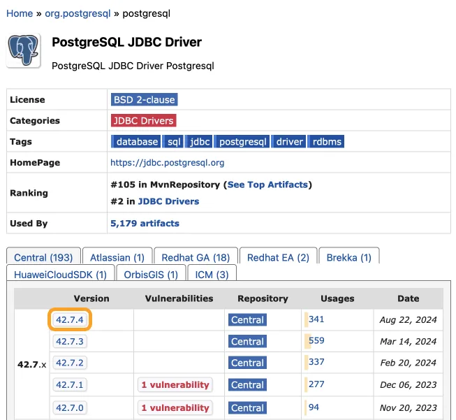 PostgreSQL JDBC Driver의 메이븐 리포지토리 페이지. 버전 42.7.4이 하이라이트돼 있다.