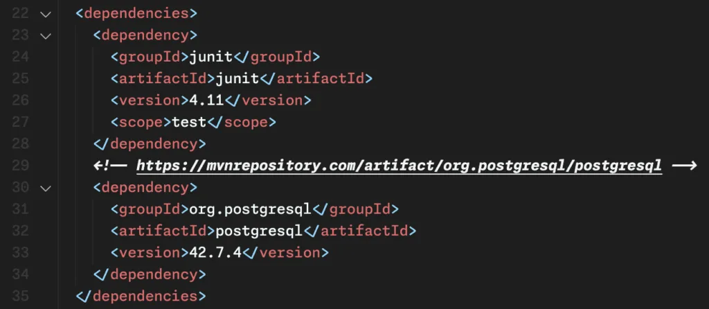 Junit 4.11과 postgresql 42.7.4 버전의 종속성 설정.