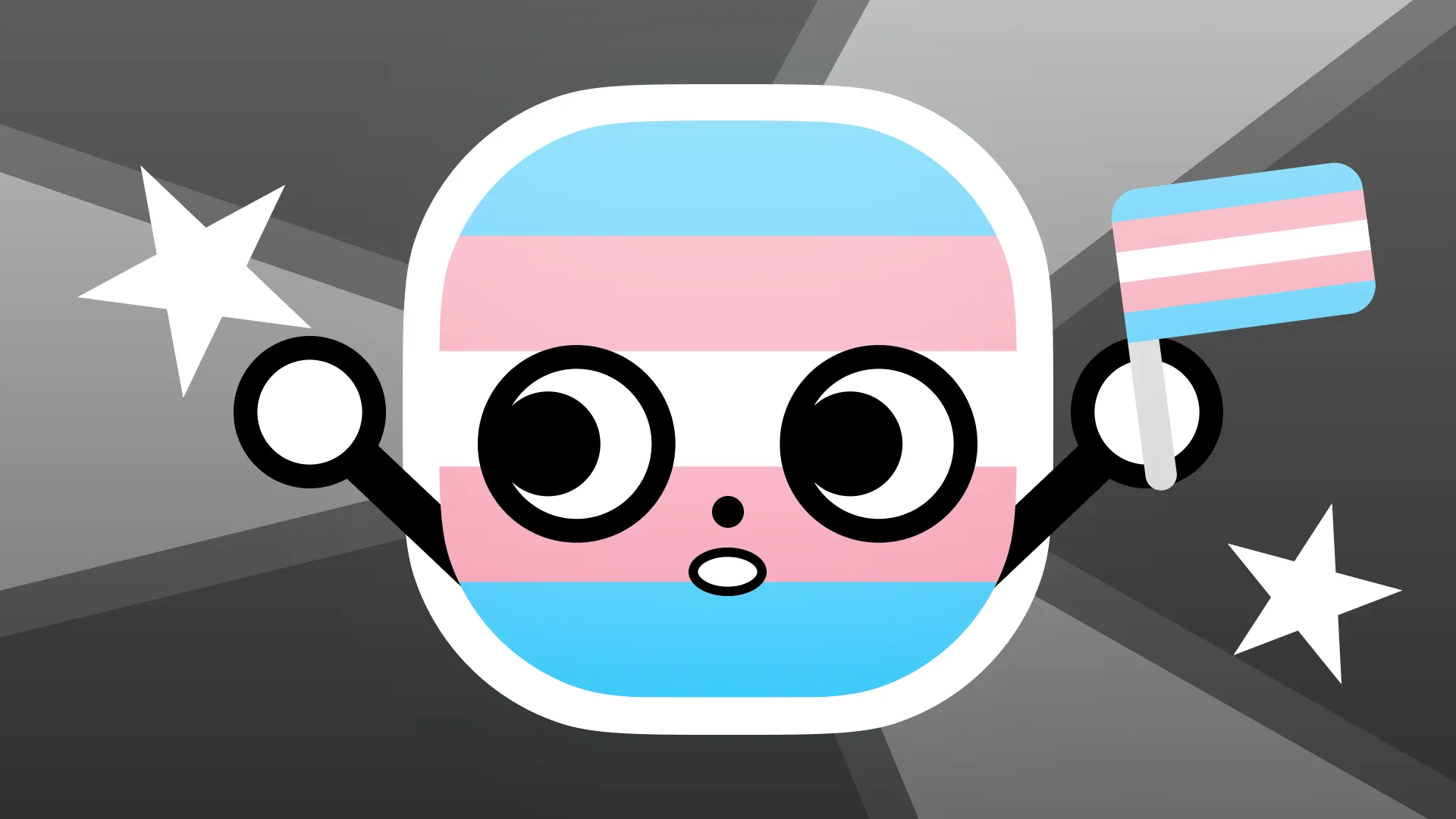 Transgender cube character. The character is a rounded square with eyes, nose, mouth, and arms attached to it. The character is holding a transgender flag. In the background, two stars are floating in both left and right side. The background has a radical effect.