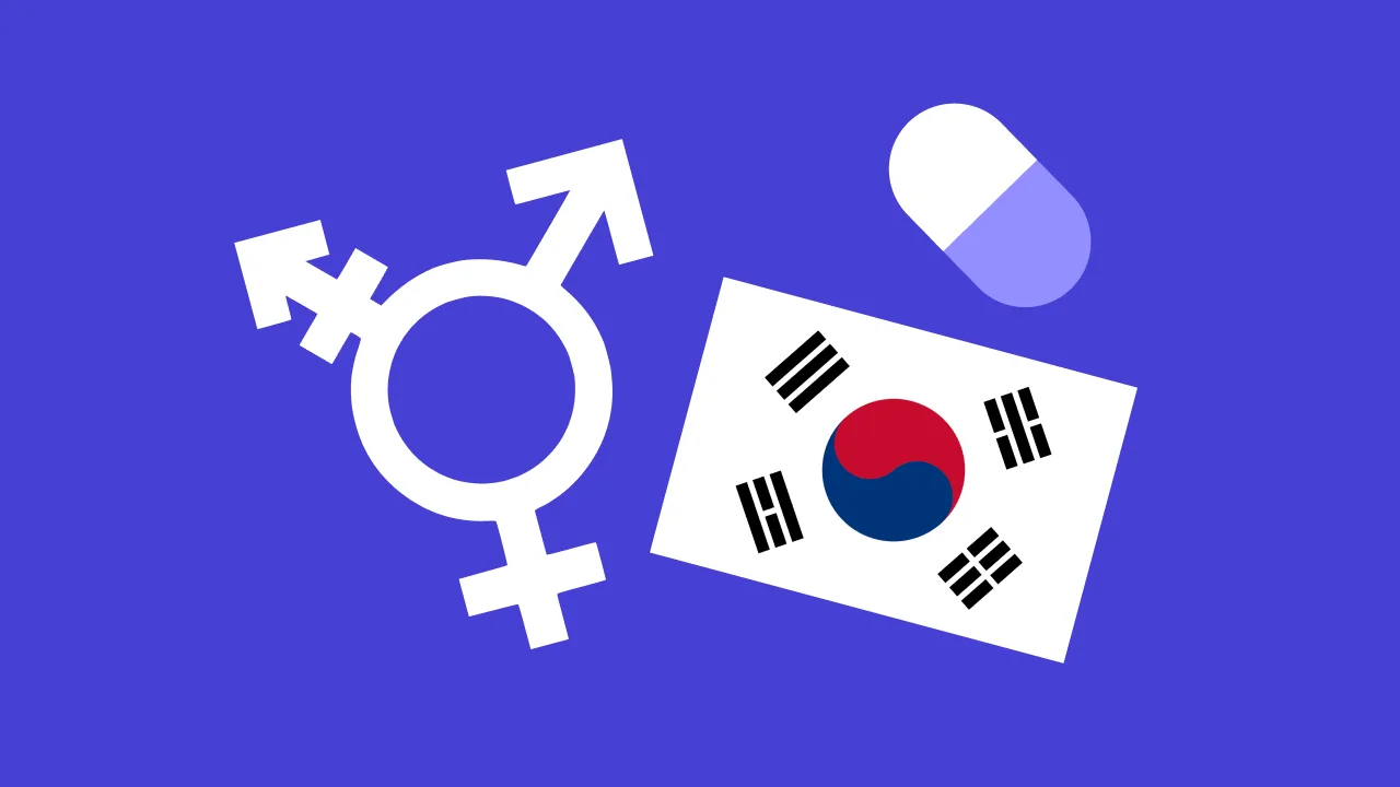 The image contains a transgender symbol, the South Korean flag, and a vector image of a pill.